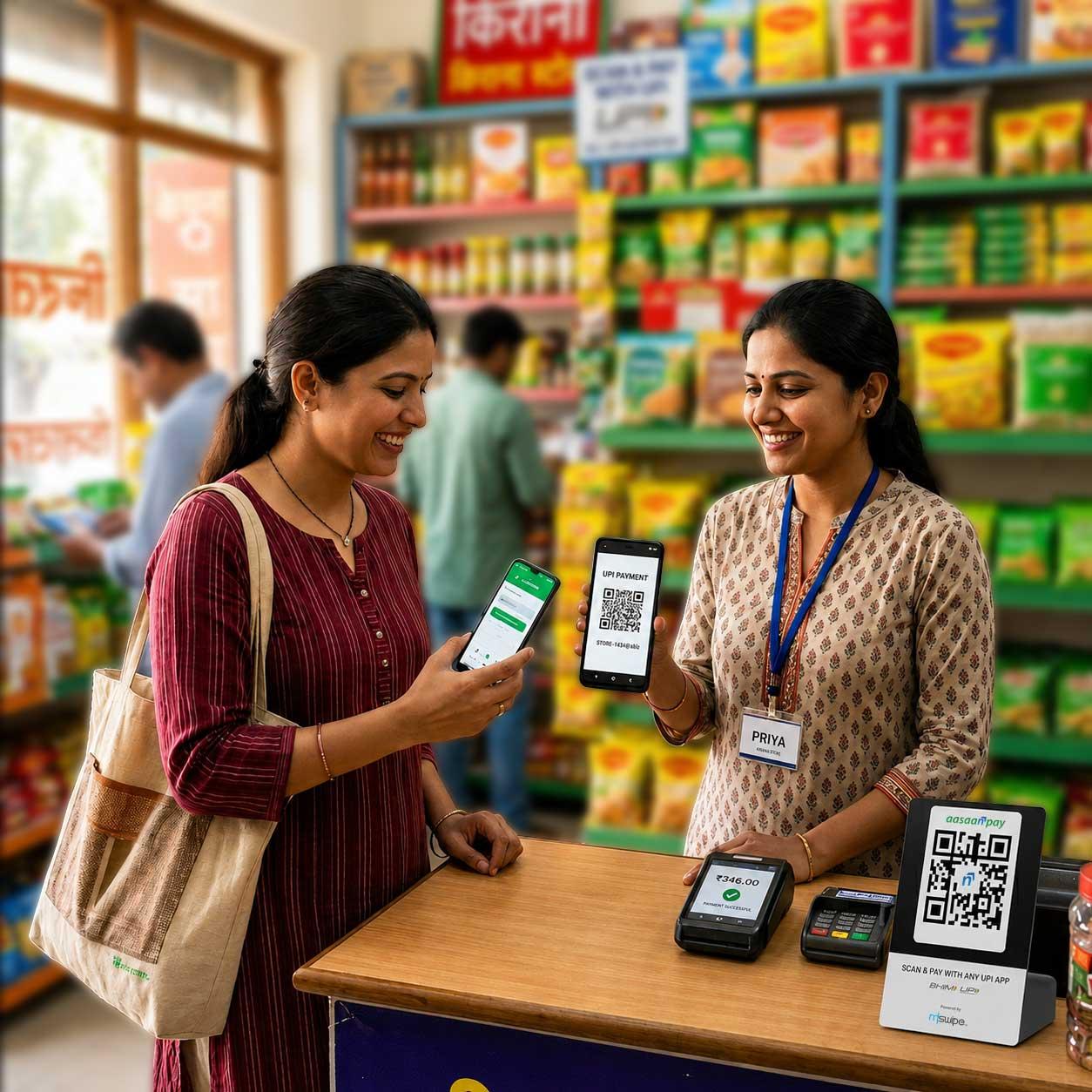 Merchant accepting online payment via QR code at a retail store