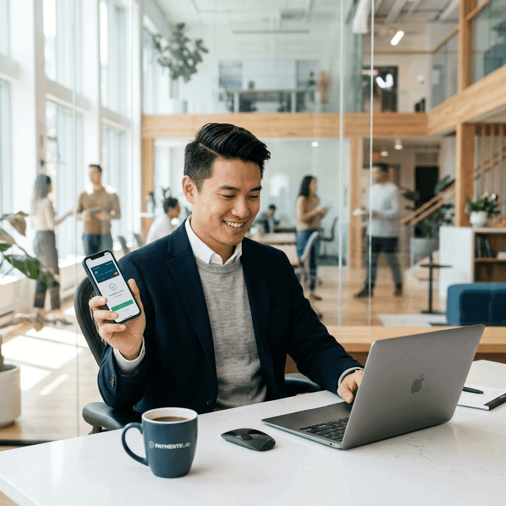 Professional using fintech platform on smartphone in modern office