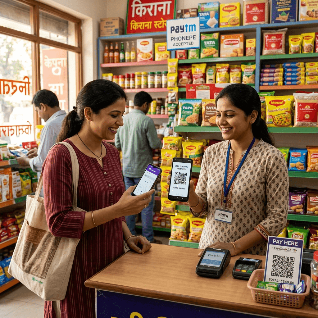 Merchant accepting online payment via QR code at a retail store