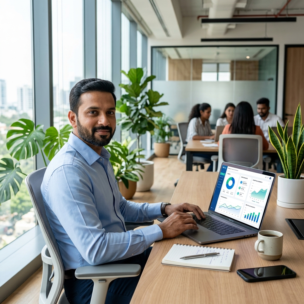 Business professional reviewing financial dashboard on laptop